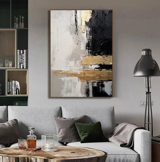 Black Beige Golden Thick Brush Abstract Canvas Wall Art
