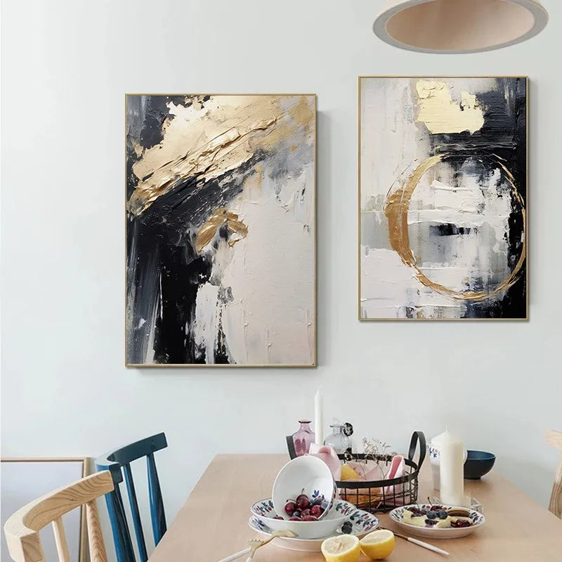 Black Beige Golden Thick Brush Abstract Canvas Wall Art