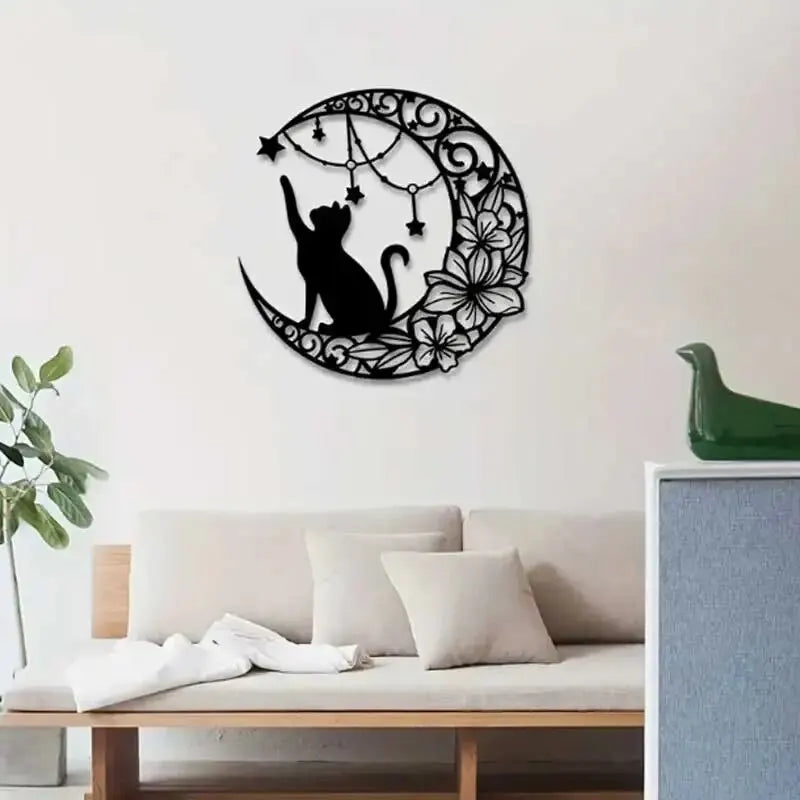 Black Cat Moon Silhouette Black Metal Wall Art Decor