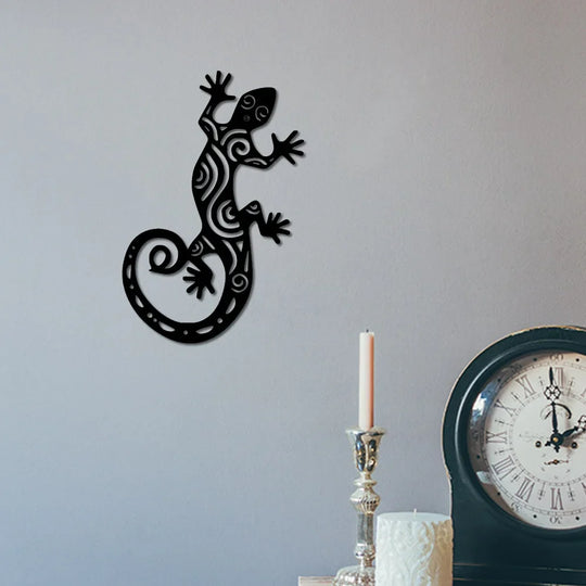 Black Gecko Lizard Silhouette Metal Wall Art Decor
