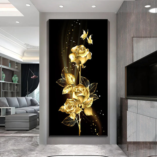 Black Golden Leaves Abstract Botanical Canvas Wall Art Unframed