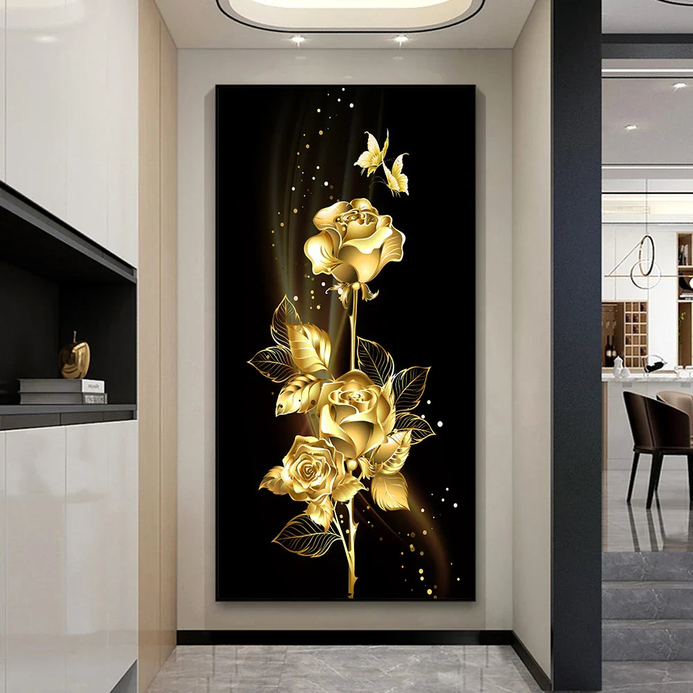 Black Golden Leaves Abstract Botanical Canvas Wall Art Unframed