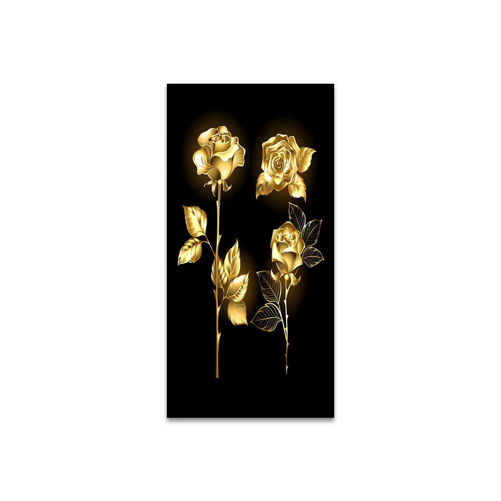 Black Golden Leaves Abstract Botanical Canvas Wall Art Unframed