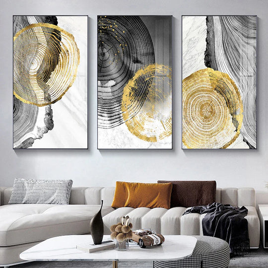 Black Gray Golden Abstract Tree Rings Canvas Wall Art