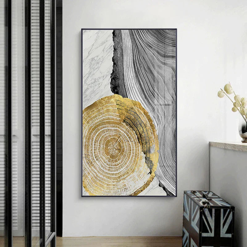Black Gray Golden Abstract Tree Rings Canvas Wall Art