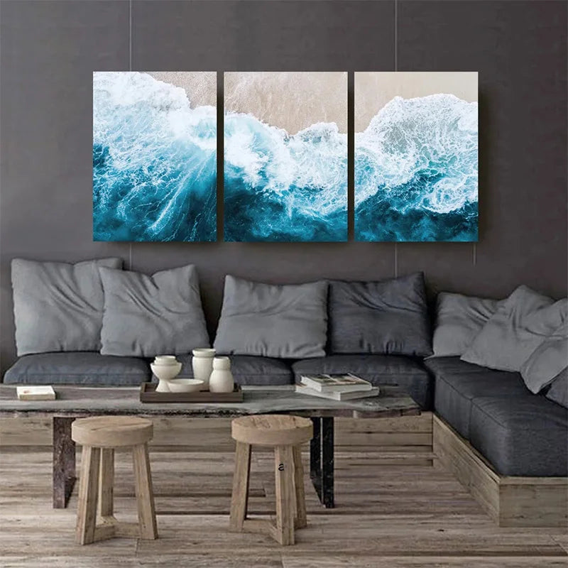 Blue Ocean Waves Beach Canvas Wall Art for Living Room