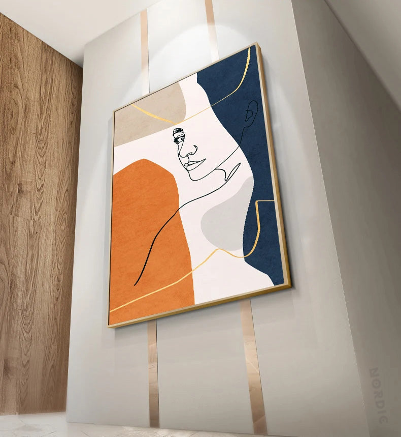 Bold Blue Orange Beige Abstract Line Art Face Canvas Wall Art Unframed
