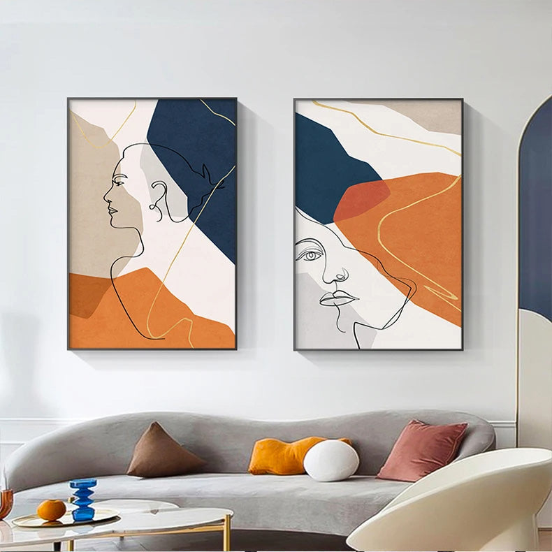 Bold Blue Orange Beige Abstract Line Art Face Canvas Wall Art Unframed