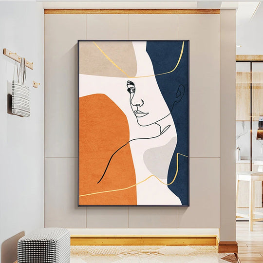 Bold Blue Orange Beige Abstract Line Art Face Canvas Wall Art Unframed