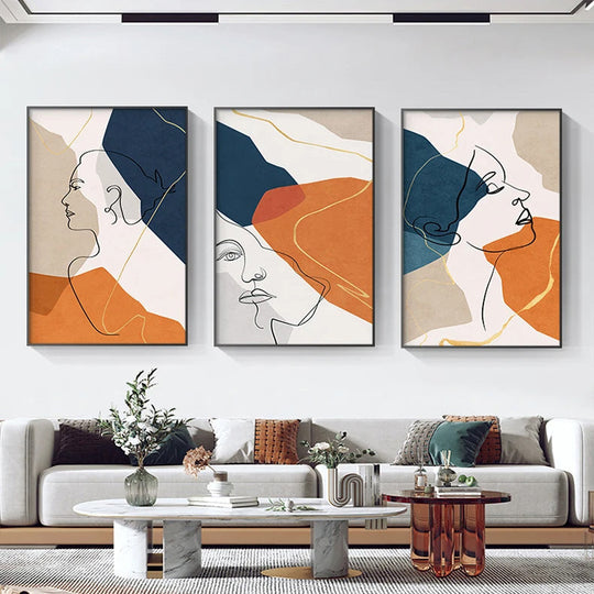 Bold Blue Orange Beige Abstract Line Art Face Canvas Wall Art Unframed