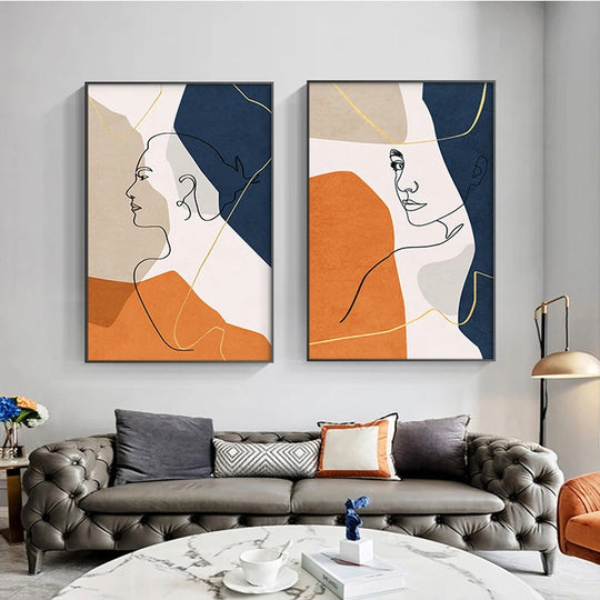 Bold Blue Orange Beige Abstract Line Art Face Canvas Wall Art Unframed