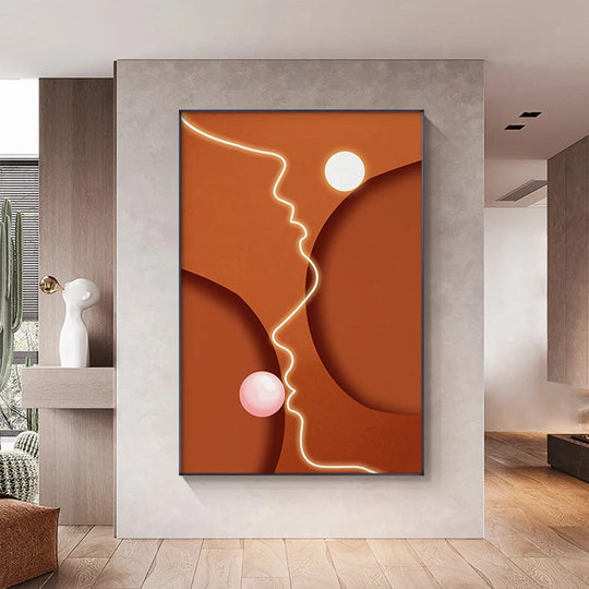 Bold Blue Orange Beige Abstract Line Art Face Canvas Wall Art Unframed