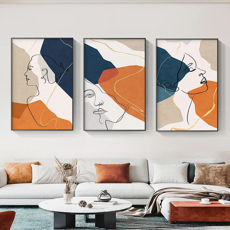 Bold Blue Orange Beige Abstract Line Art Face Canvas Wall Art Unframed