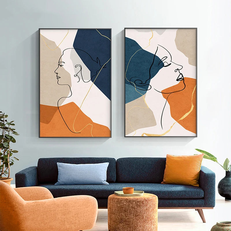 Bold Blue Orange Beige Abstract Line Art Face Canvas Wall Art Unframed