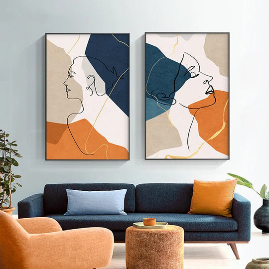 Bold Blue Orange Beige Abstract Line Art Face Canvas Wall Art Unframed