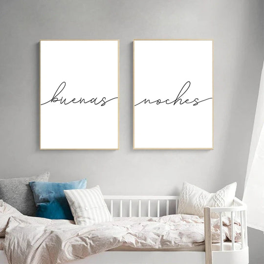 Buenas Noches Black White Typographic Canvas Wall Art