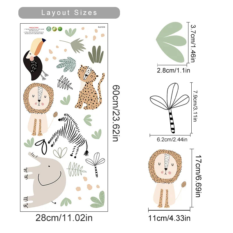 Cartoon Safari Animal Wall Decals For Kids Room Decor