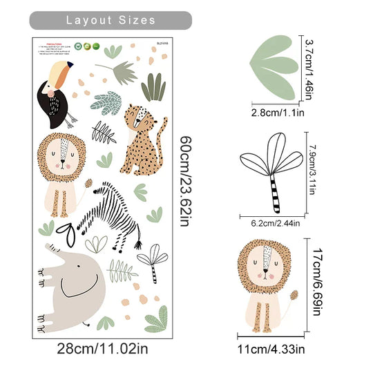 Cartoon Safari Animal Wall Decals For Kids Room Decor