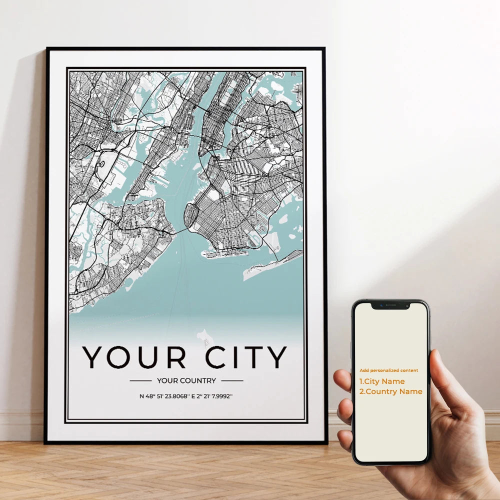 Custom City Map Minimalist Canvas Wall Art Print