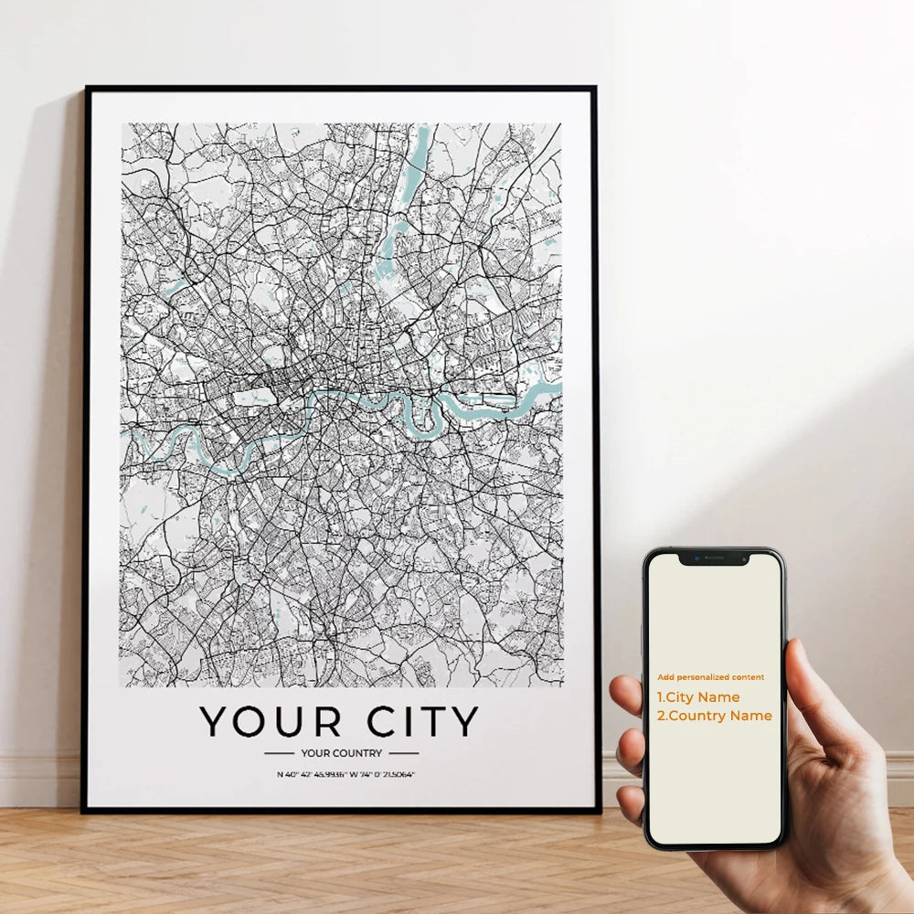Custom City Map Minimalist Canvas Wall Art Print