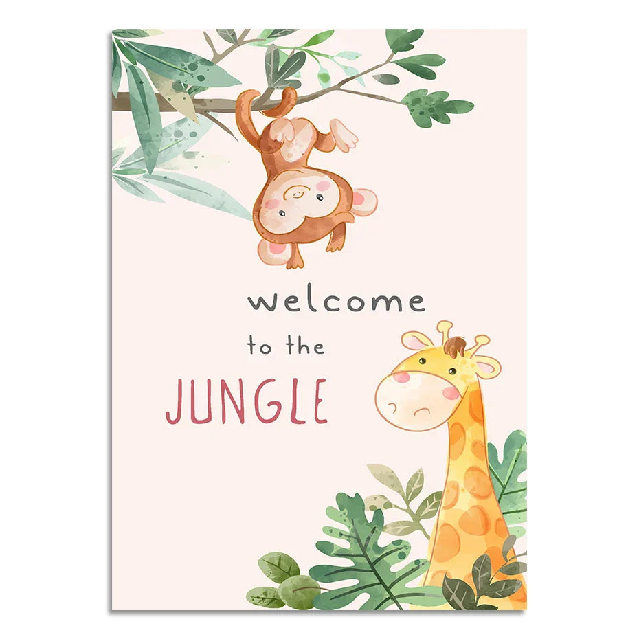 Cute Cartoon Jungle Animal Canvas Wall Art For Kids Room