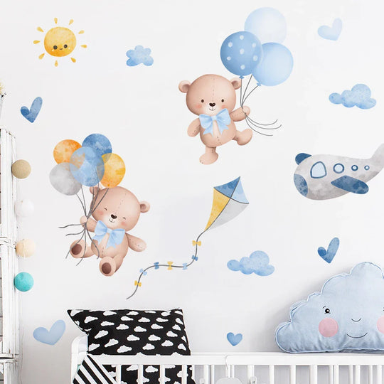Cute Teddy Cartoon Bear Balloon Clouds Wall Stickers