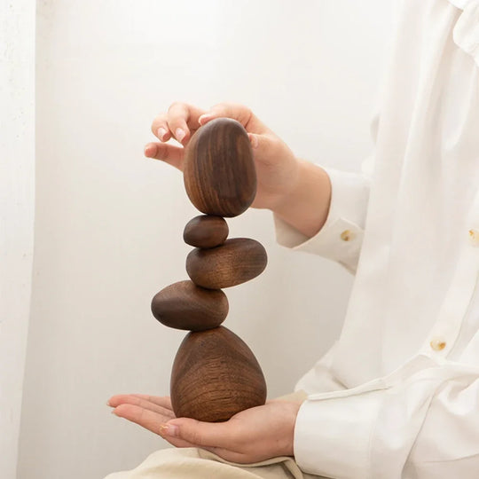 Dark Wooden Zen Balancing Stones Abstract Sculptural Decor