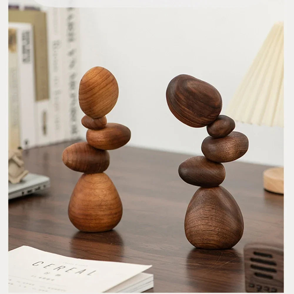 Dark Wooden Zen Balancing Stones Abstract Sculptural Decor