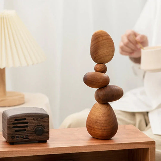 Dark Wooden Zen Balancing Stones Abstract Sculptural Decor