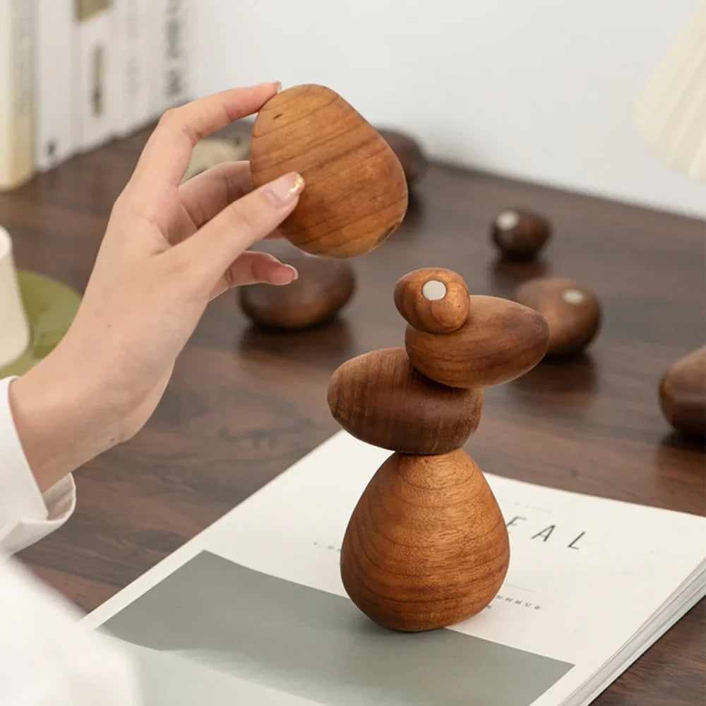 Dark Wooden Zen Balancing Stones Abstract Sculptural Decor