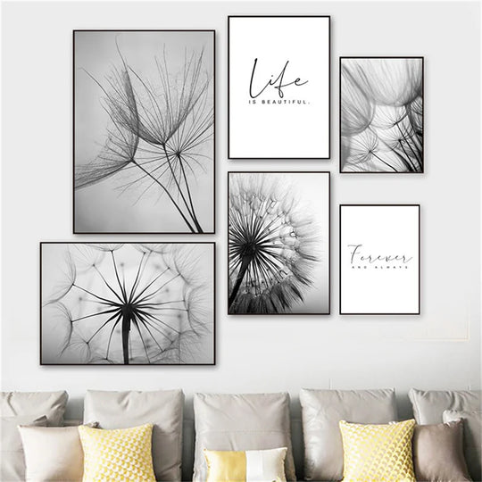 Delicate Dandelions Black White Inspirational Canvas Wall Art Unframed
