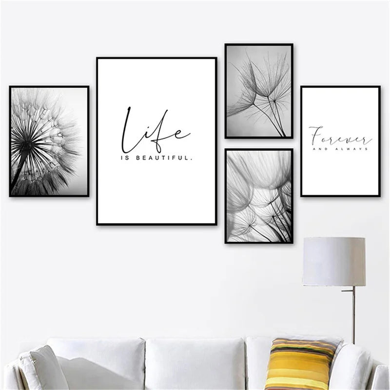 Delicate Dandelions Black White Inspirational Canvas Wall Art Unframed
