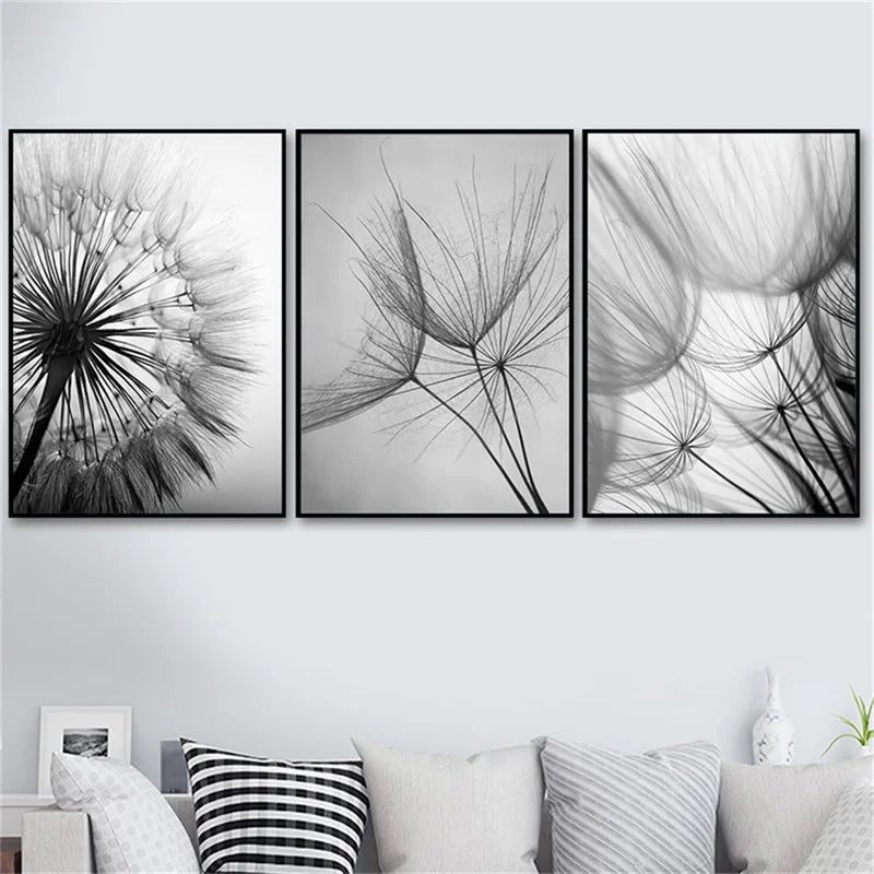 Delicate Dandelions Black White Inspirational Canvas Wall Art Unframed