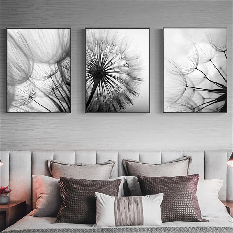 Delicate Dandelions Black White Inspirational Canvas Wall Art Unframed