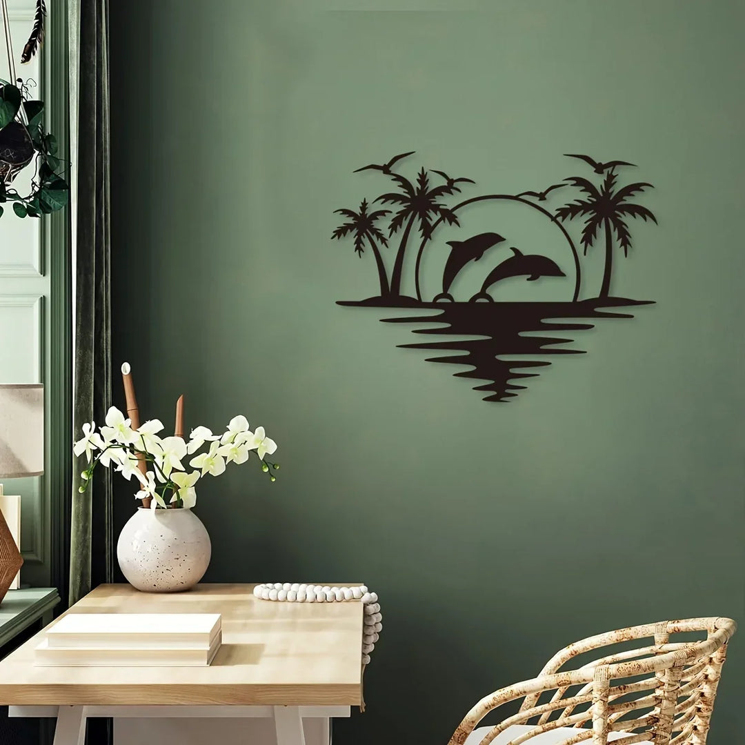 Dolphin Sunset Palm Trees Black Metal Wall Art Decor