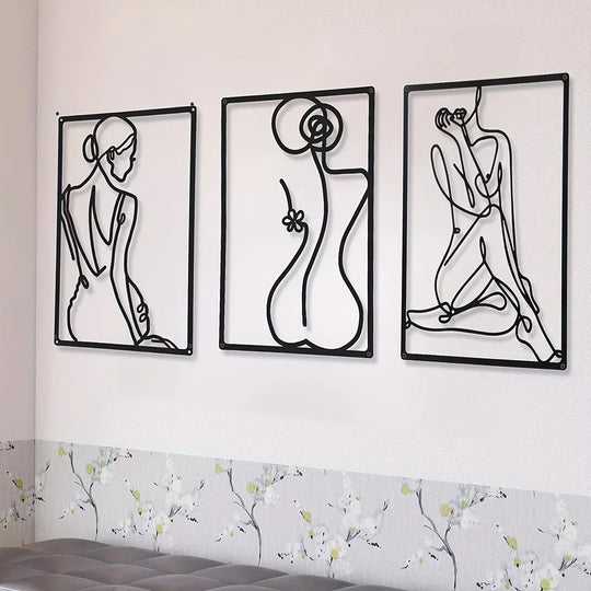 Elegant Lady Figure Line Art Black Metal Wall Art