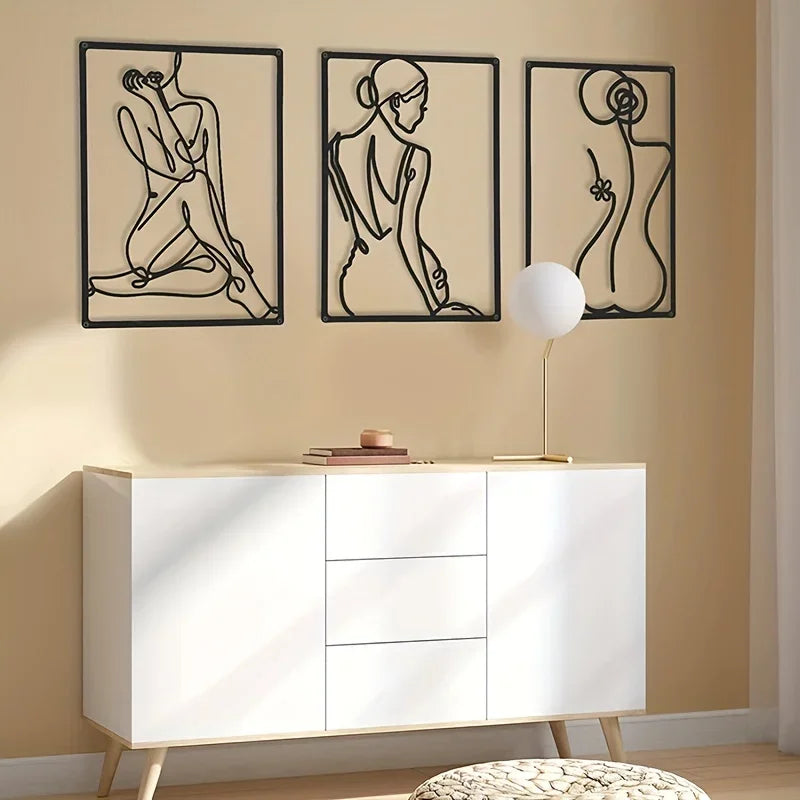 Elegant Lady Figure Line Art Black Metal Wall Art
