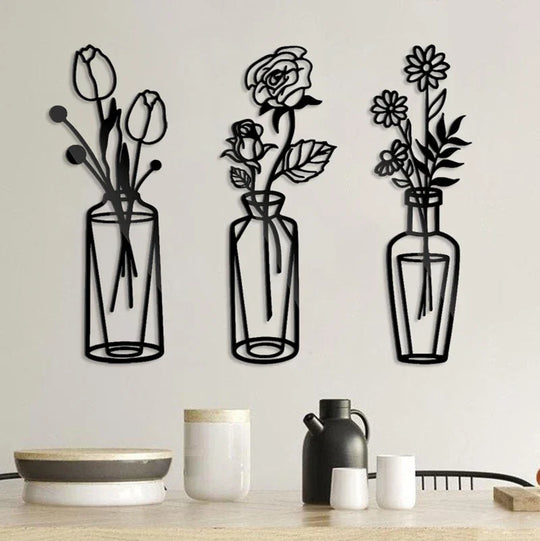 Flowers in a Vase Black Metal Wall Art Decor
