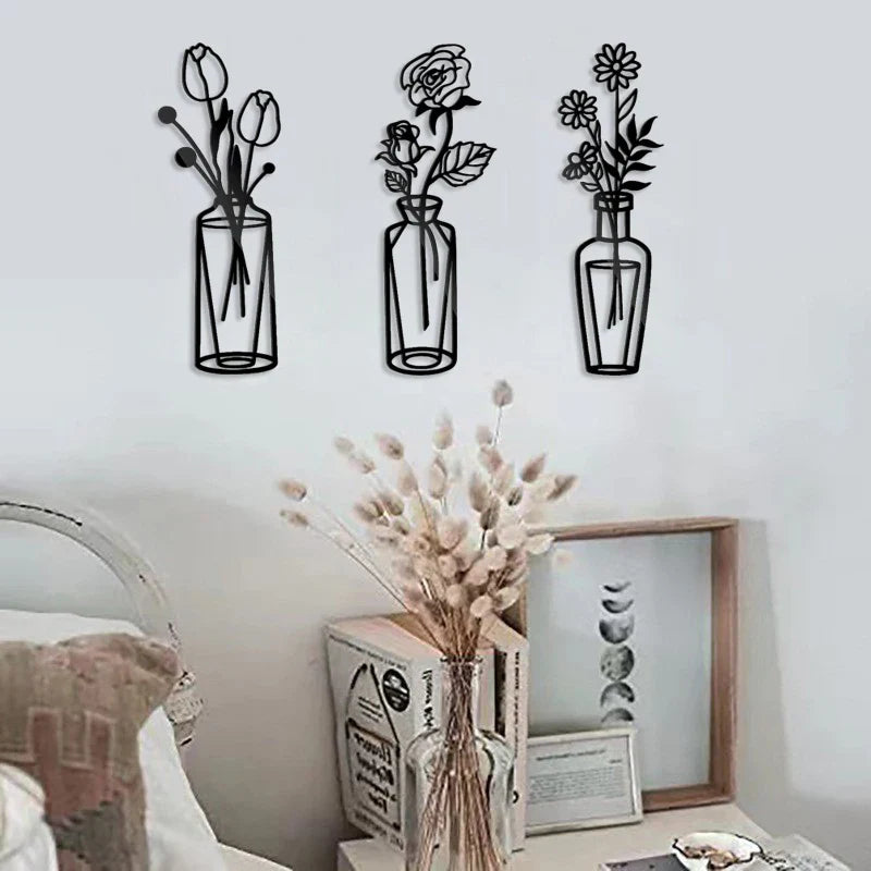Flowers in a Vase Black Metal Wall Art Decor