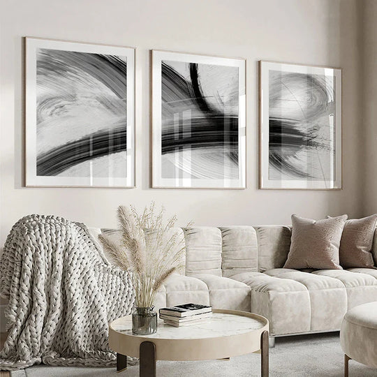 Flowing Brush Strokes Black White Abstract Canvas Wall Art Unframed