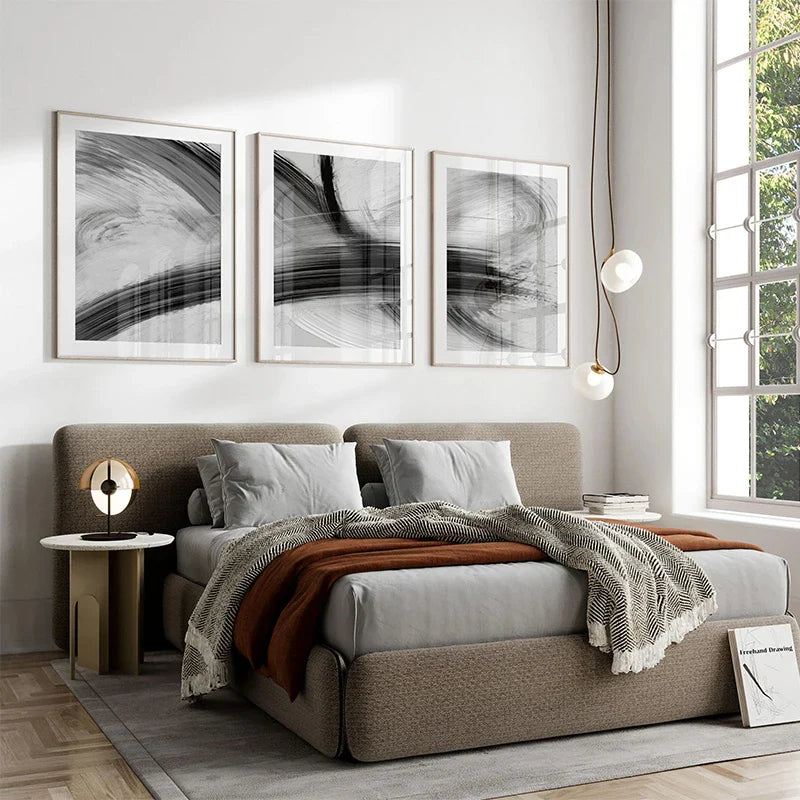 Flowing Brush Strokes Black White Abstract Canvas Wall Art Unframed