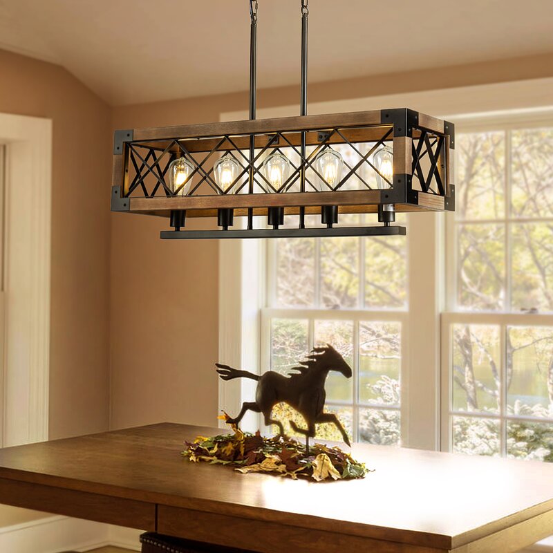 Rustic Industrial Linear Wood &amp; Metal Chandelier