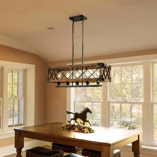 Rustic Industrial Linear Wood &amp; Metal Chandelier