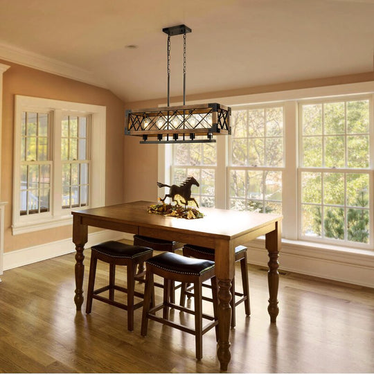 Rustic Industrial Linear Wood &amp; Metal Chandelier