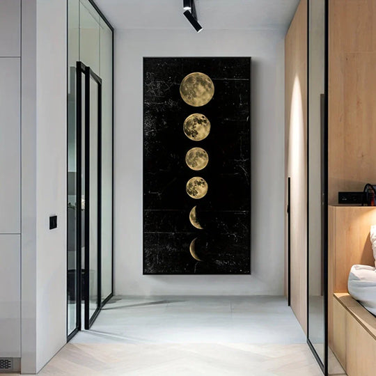 Golden Black Moon Phases Vertical Canvas Wall Art