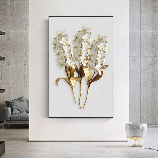 Golden Leaf White Petalled Floral Canvas Wall Art Unframed