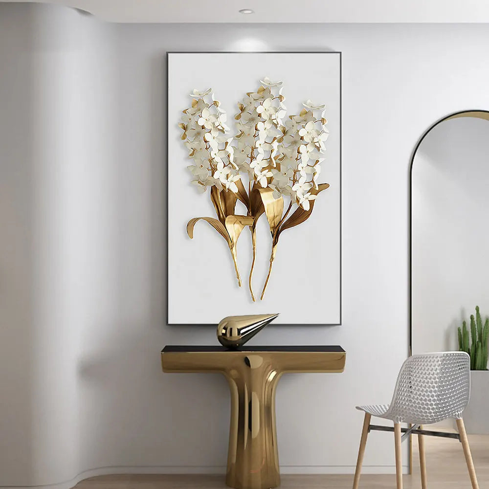 Golden Leaf White Petalled Floral Canvas Wall Art Unframed