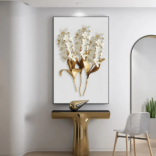 Golden Leaf White Petalled Floral Canvas Wall Art Unframed