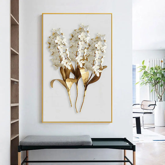 Golden Leaf White Petalled Floral Canvas Wall Art Unframed