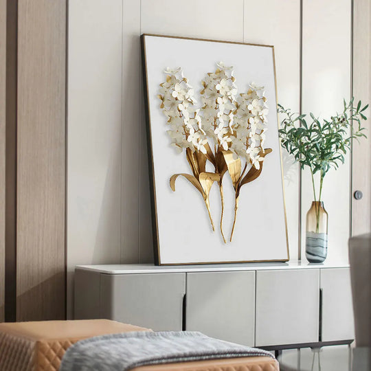 Golden Leaf White Petalled Floral Canvas Wall Art Unframed